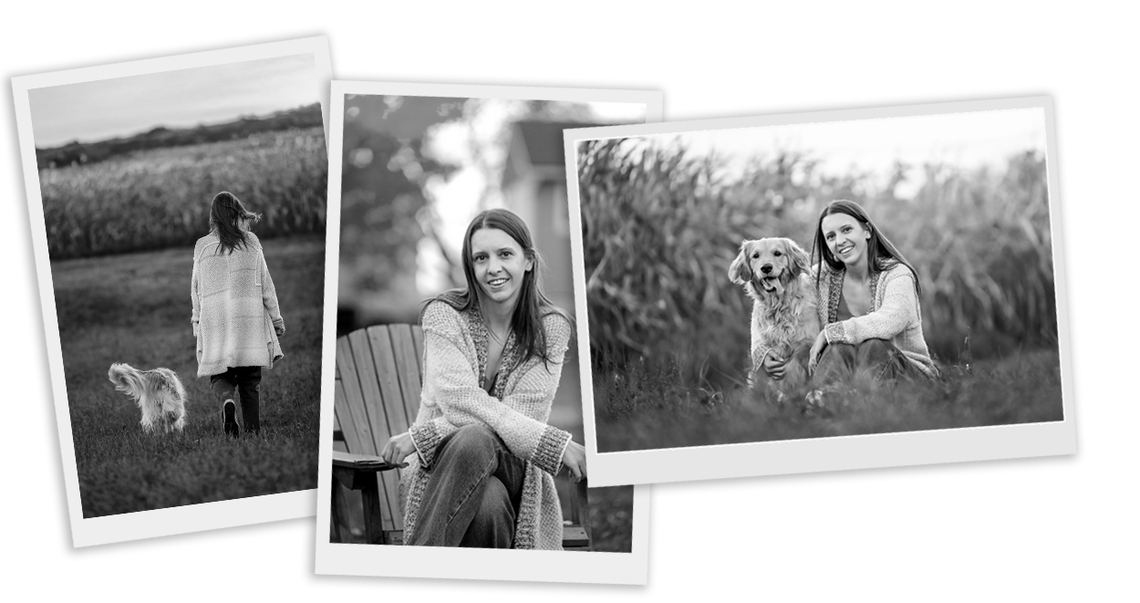 Erin - Registered Social Service Worker Ottawa 3 black and white photos of Erin Byron. On the left, Erin is walking away from the camera with her dog toward a cornfield. In the middle, Erin is sitting on an Adirondack chair, looking at the camera with her legs crossed and her arms lightly crossed over